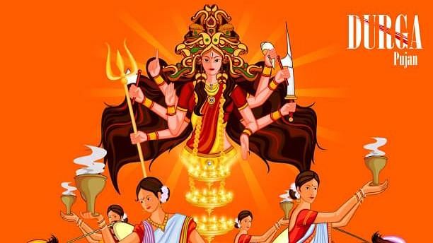 Durga Puja creative showcasing the goddess Durga and women around her 