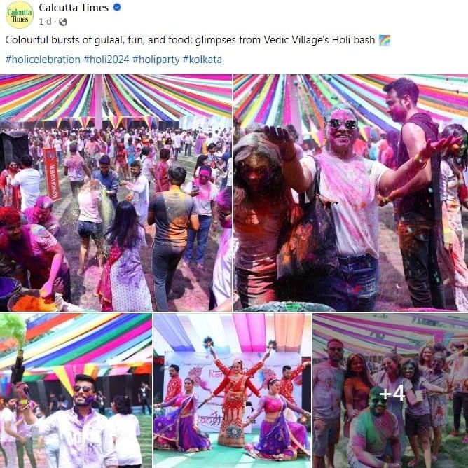 A screenshot of holi festivities in Vedic Village Spa Resort featured in the social media page of Culcutta times.