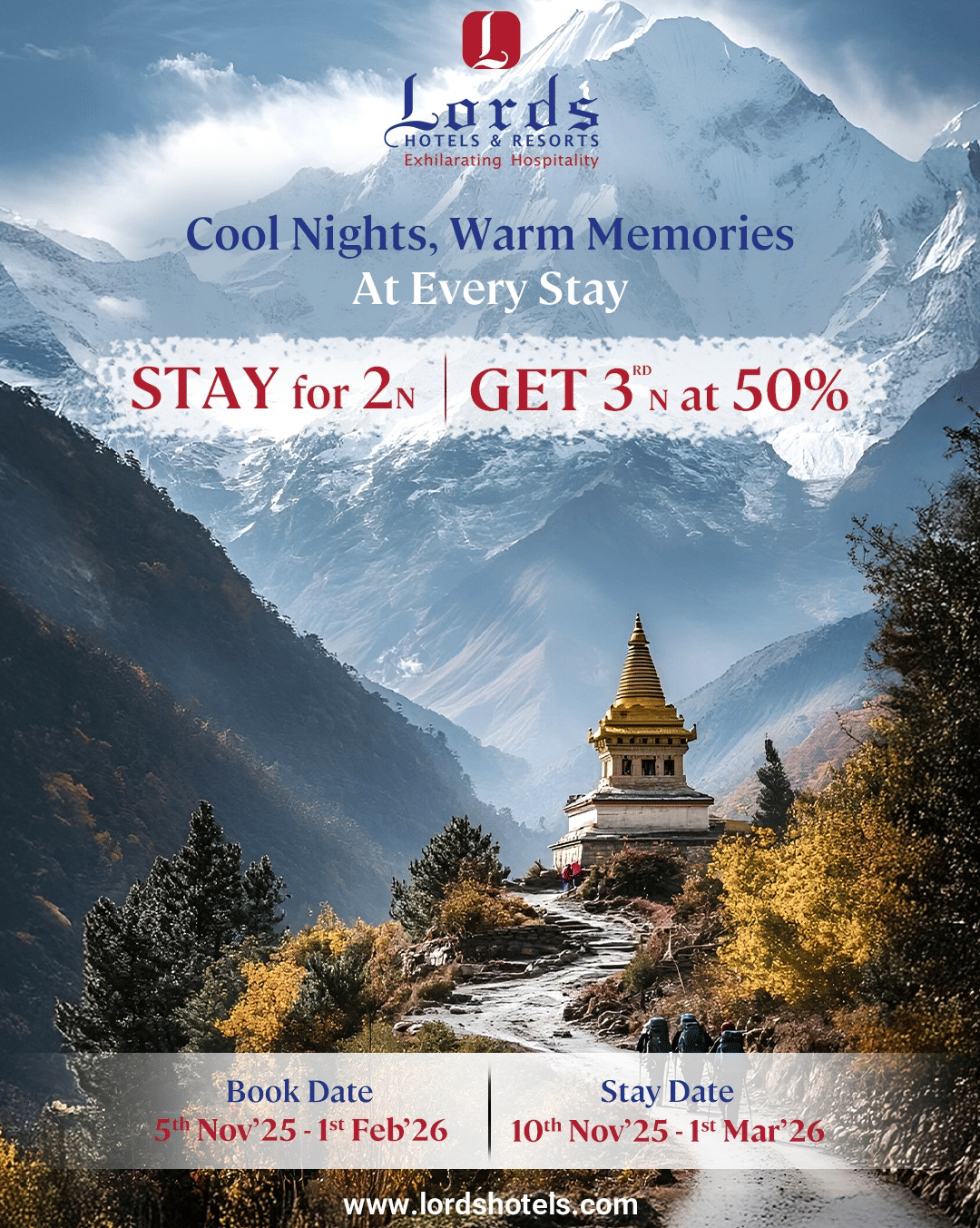 Winter offer by Lords Hotels & Resorts – Stay for 2 nights and get the 3rd night at 50% off, set against a scenic mountain backdrop.
