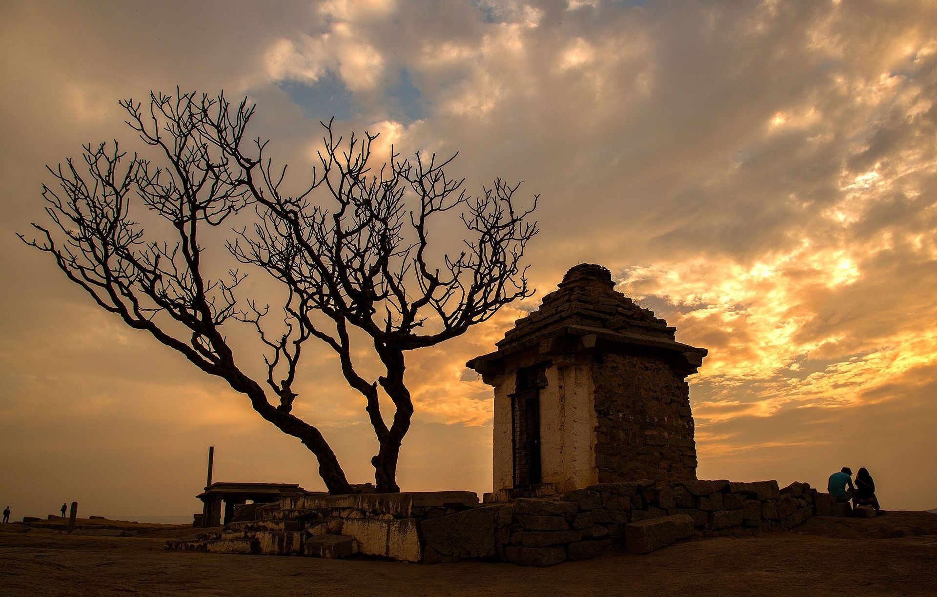 Hampi temple ruins and tree silhouette at sunset.