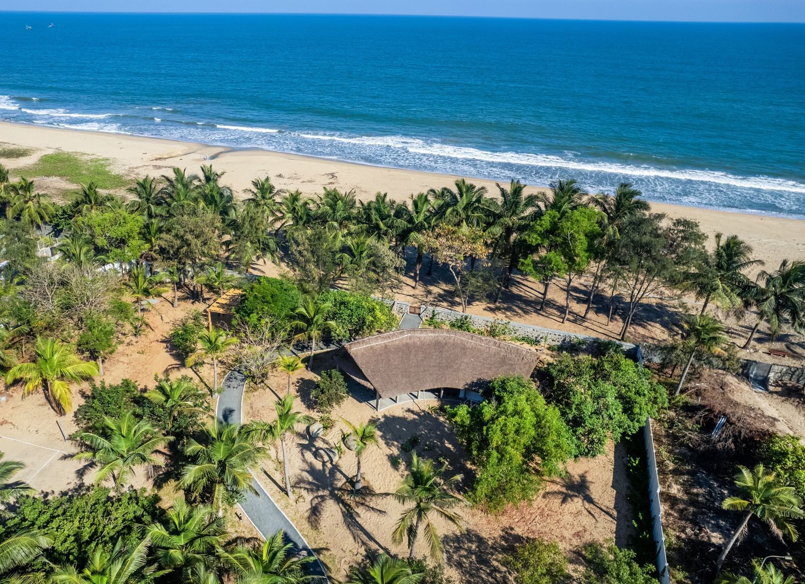 An aerial view of a thatched-roof building surrounded by palm trees and lush vegetation, located on a sandy beach next to the blue ocean.