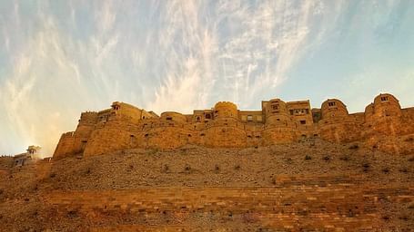 Mehrangarh Fort as seen from below during the day with different hues in the sky
