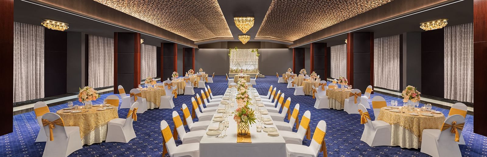 Seating arrangement in Grand Ballroom at Essentia Luxury Hotel, Indore.