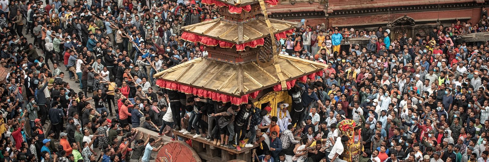 Chariot at the bisket jatra festival where a huge crowd has gathered to celebrate it