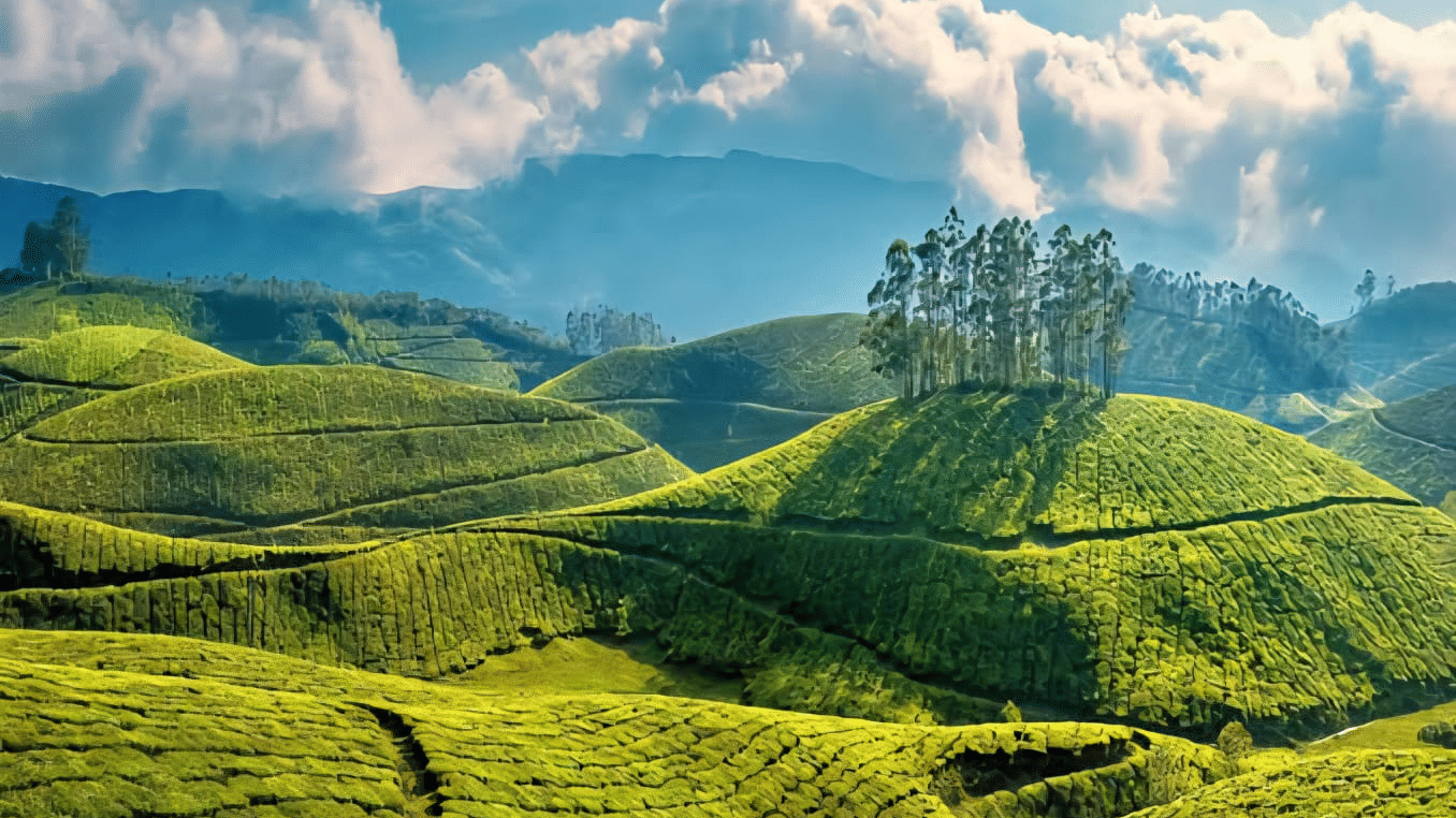 Rolling hills of bright green tea plantations under a bright sky with dramatic clouds, with a cluster of trees on a central hilltop.