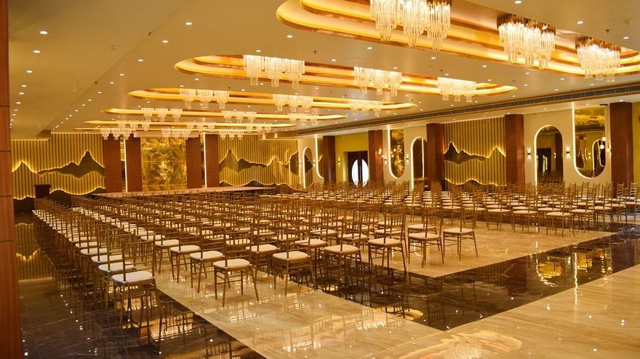 Side view of the seating arrangements in the banquet hall at Tulip Inn, Shravasti