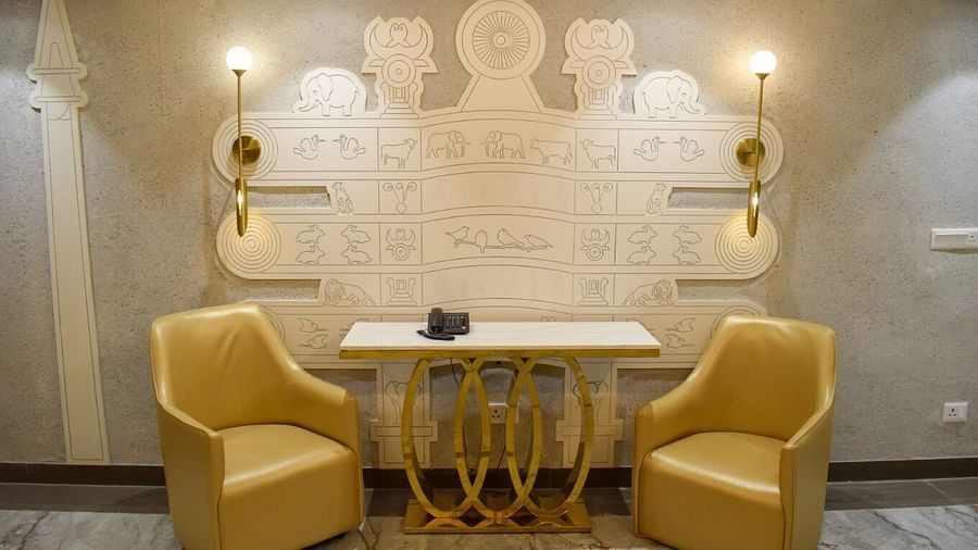 Sofas with a table in between in the lift area at Tulip Inn, Shravasti