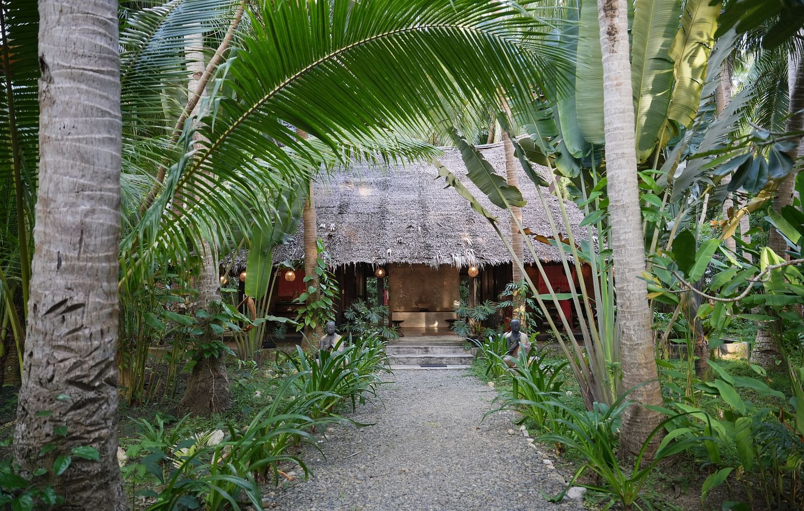 Narrow garden pathway leading to a rustic tropical hut surrounded by palm trees.