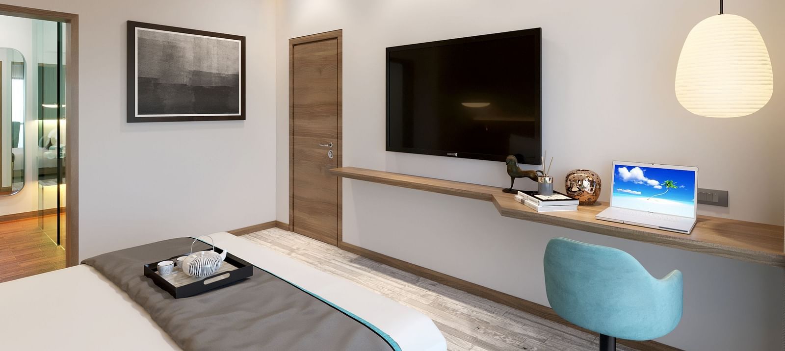 One Bedroom Suite in Kinshasa at Kertel Suites with a wall mounted television in front of a double bed
