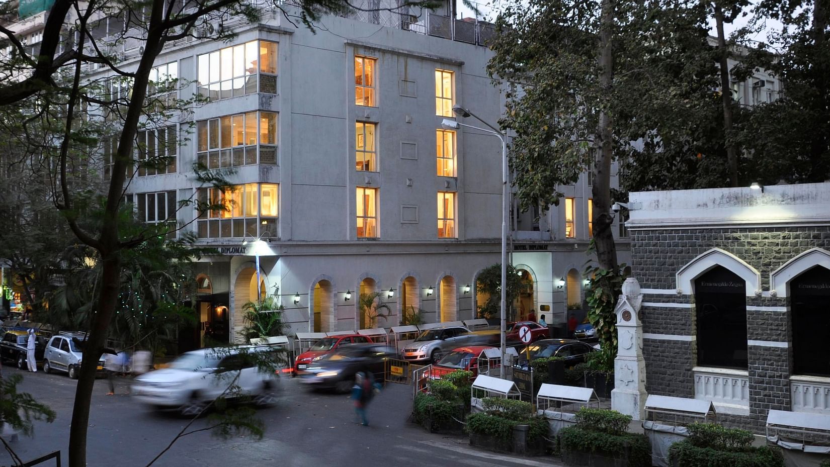 Exterior view of Hotel Diplomat in evening