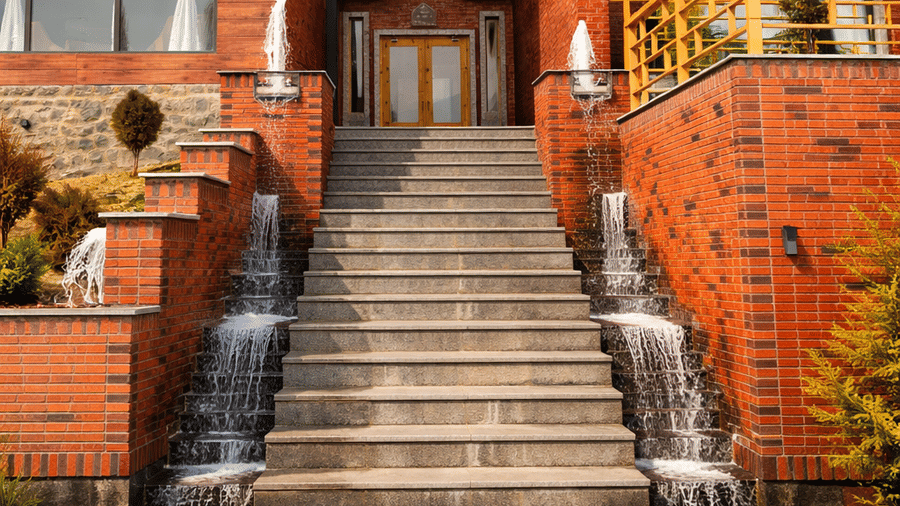 Facade of Mountnoor Sarovar Premiere resort in Pahalgam, with grand stone staircase leading up between two wings of the brick and wood resort. Small decorative waterfalls flank the stairs, creating a serene entrance to the property.