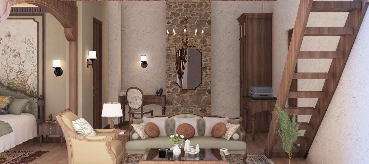 Rustic living area with a wooden staircase, stone wall details, and a sofa with patterned cushions at BluSalzz Terrah Hills Resort, Dalhousie.
