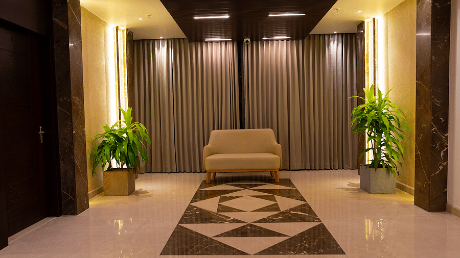 Front view of a sofa and two plant pots kept in the Corridor of Visthara - Urban Boutique Hotel, Bangalore