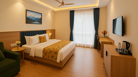 Side view of King Executive Room with a cosy king sized bed, wall-mounted TV, and elegant ceiling design at Summit Norling Resort & Spa, Gangtok