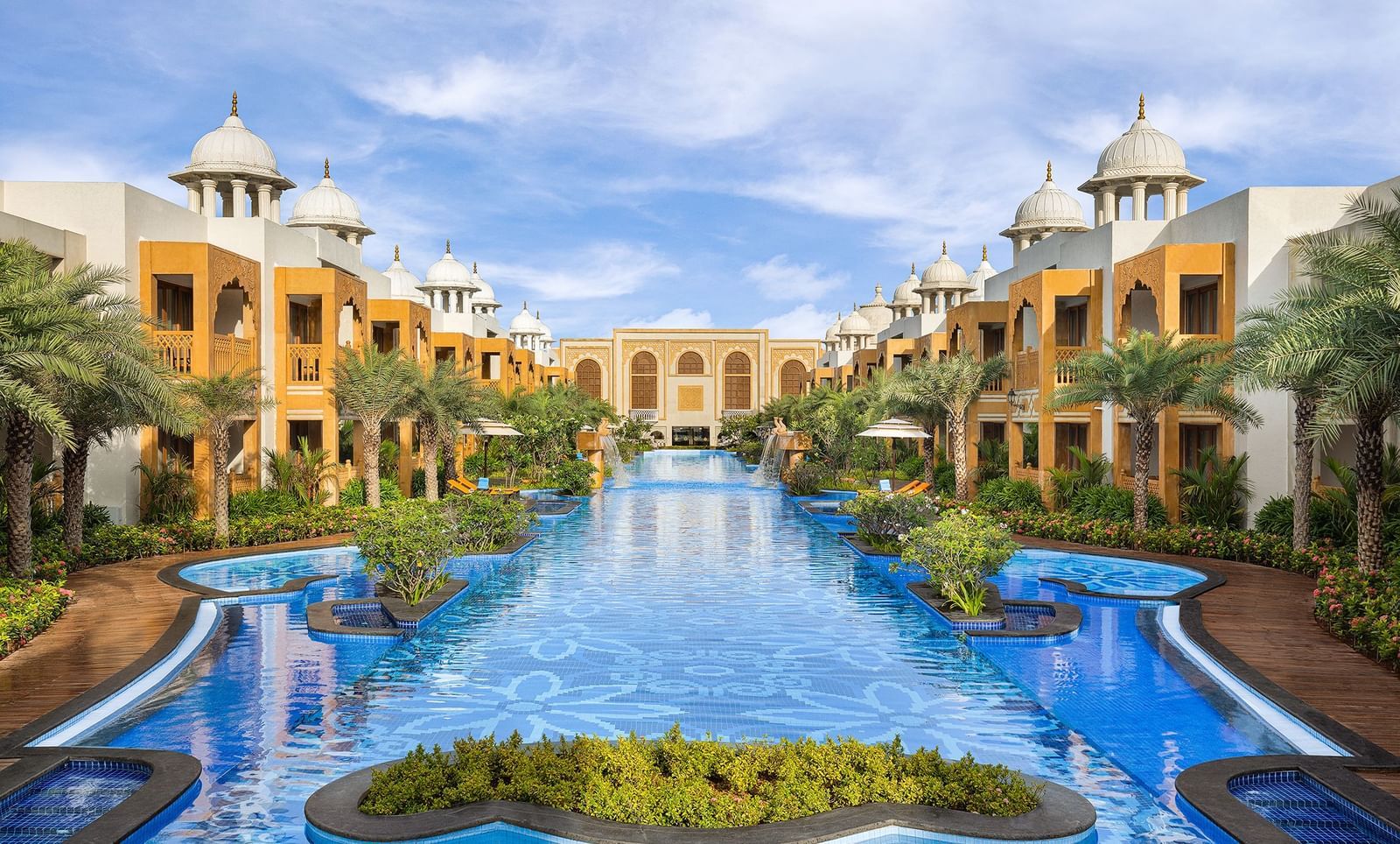 Grand view of the central water feature surrounded by luxurious architecture at our palace - Kaldan Samudhra