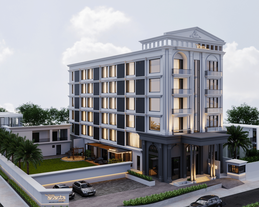 Exterior view of Ananta Elite Somnath showcasing modern architecture and a well-designed façade