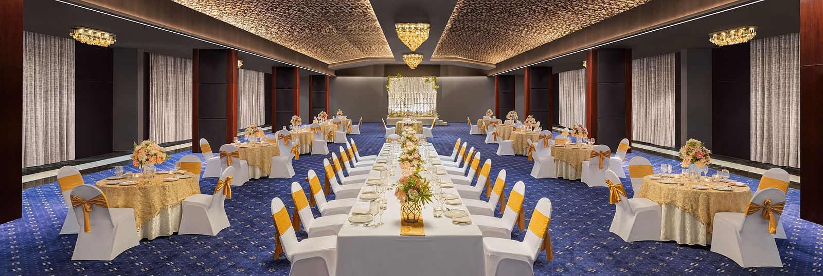 Seating arrangement in Grand Ballroom at Essentia Luxury Hotel, Indore.