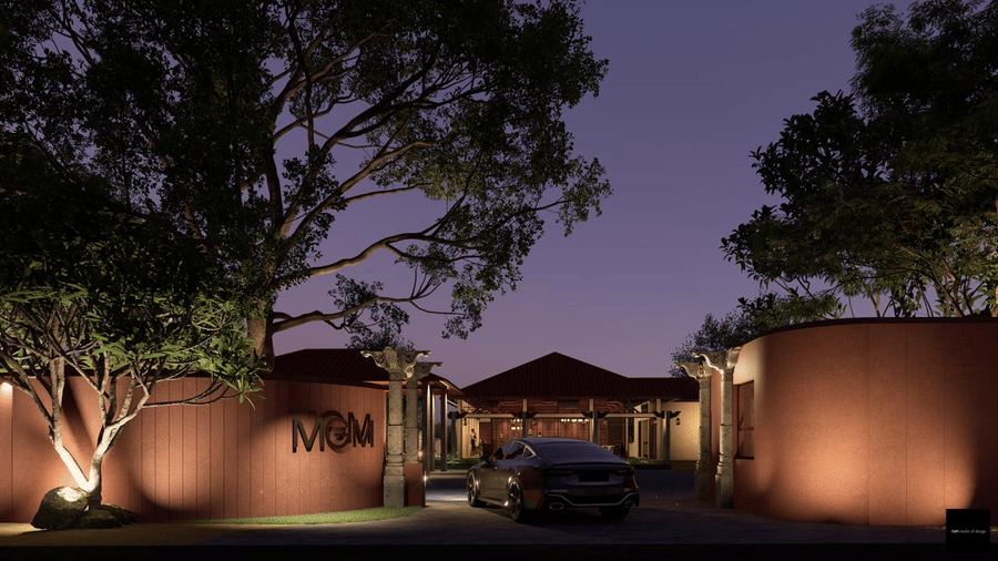 Render of a luxury estate entrance with 'MGM' signage, traditional stone pillars, and a car parked in the driveway under a large tree.