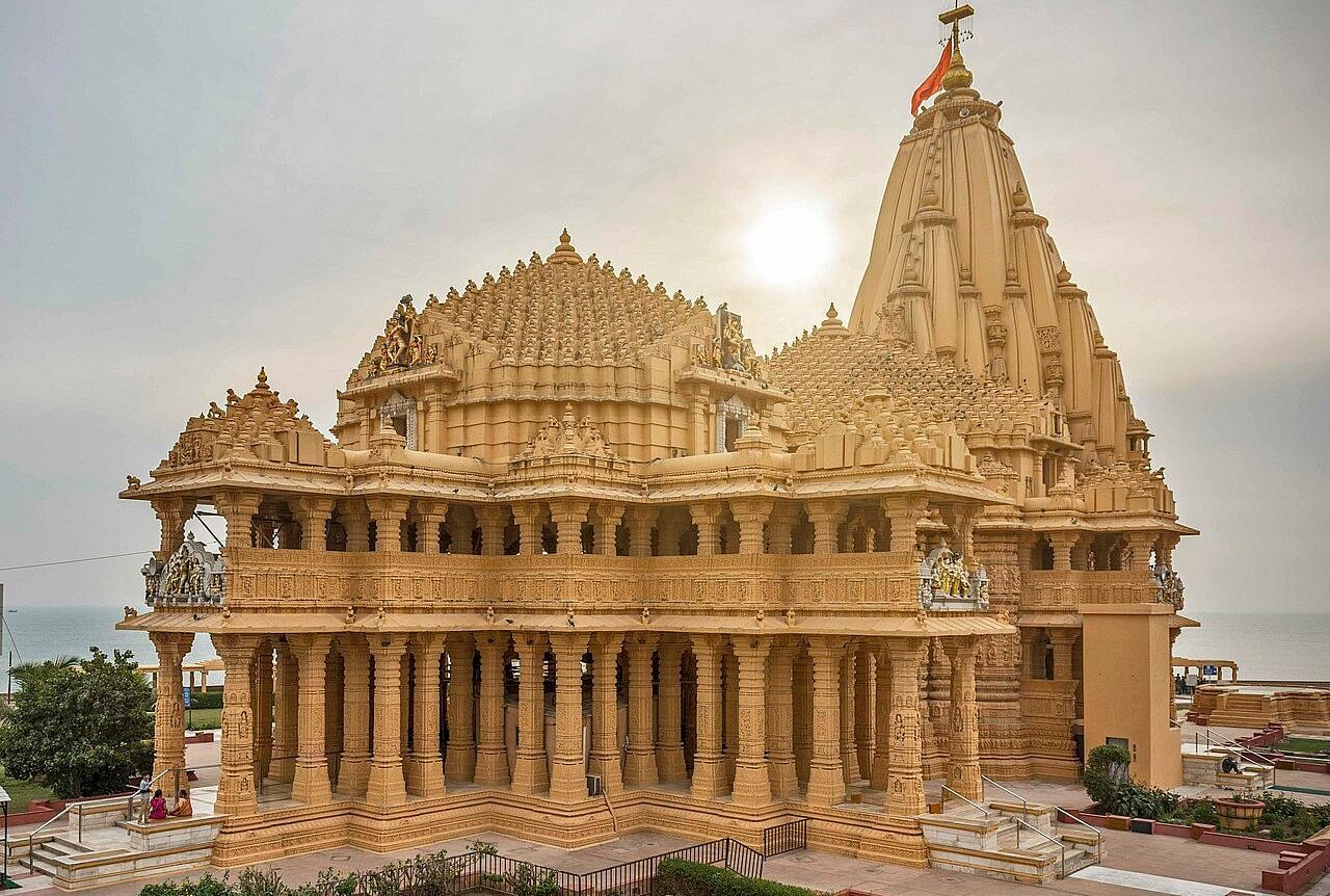 Facade view of the Somanath mandir in daylight