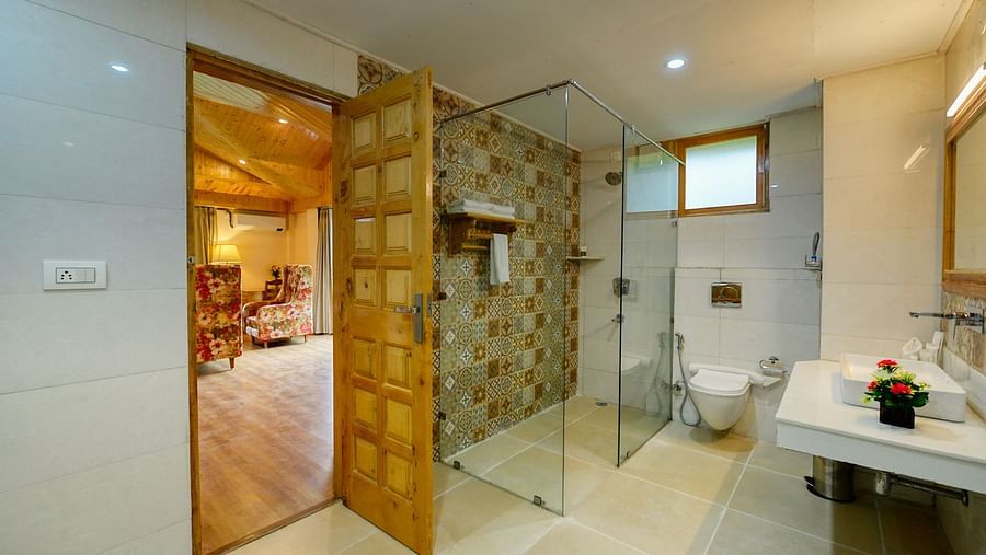 Well lit bathroom with shower cubicle and vanity 3 - Clarks Inn Suites, Manali