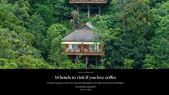 A Condé Nast Traveller feature highlighting the multi-level treehouses built directly into the dense forest hillside at Tranquil Resort, Wayanad.