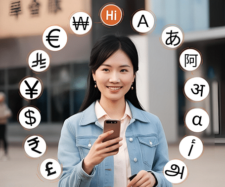 A smiling woman of East Asian appearance holds a phone, surrounded by international currency symbols and characters from various scripts.