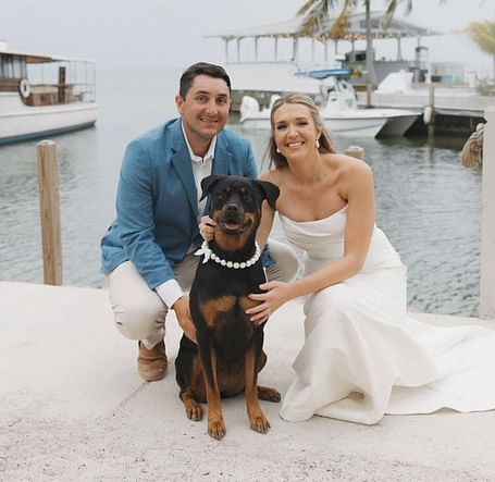 Bride and groom sitting on a dock with their dog, with boats and palm trees in the background.