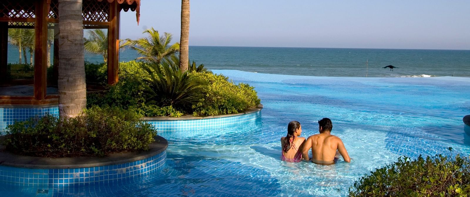 A couple relaxing in an infinity pool overlooking the ocean, surrounded by palm trees.