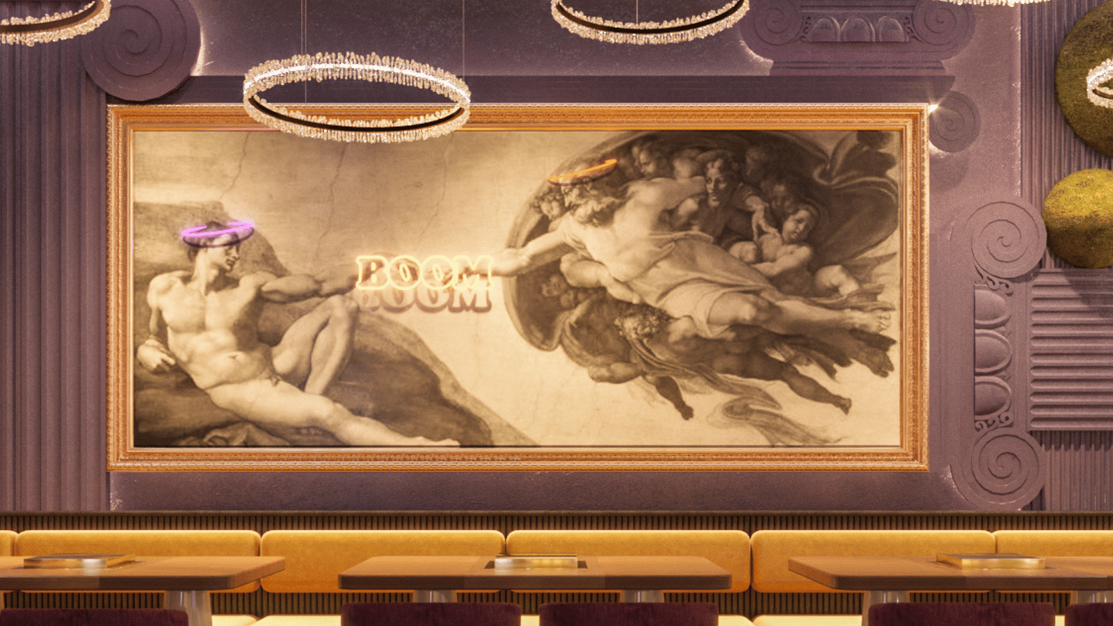 An image of a restaurant featuring a seating area with painting on the wall - Themis Barbecue House Ambala