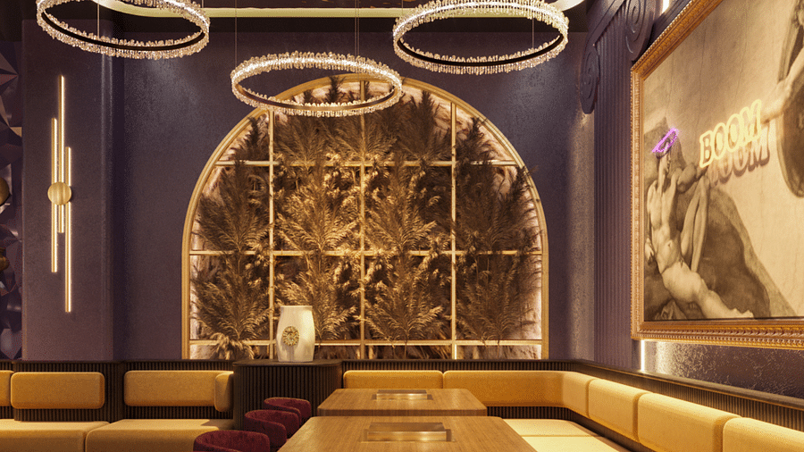 An image of a restaurant featuring seating area with chairs and table - Themis Barbecue House Ambala