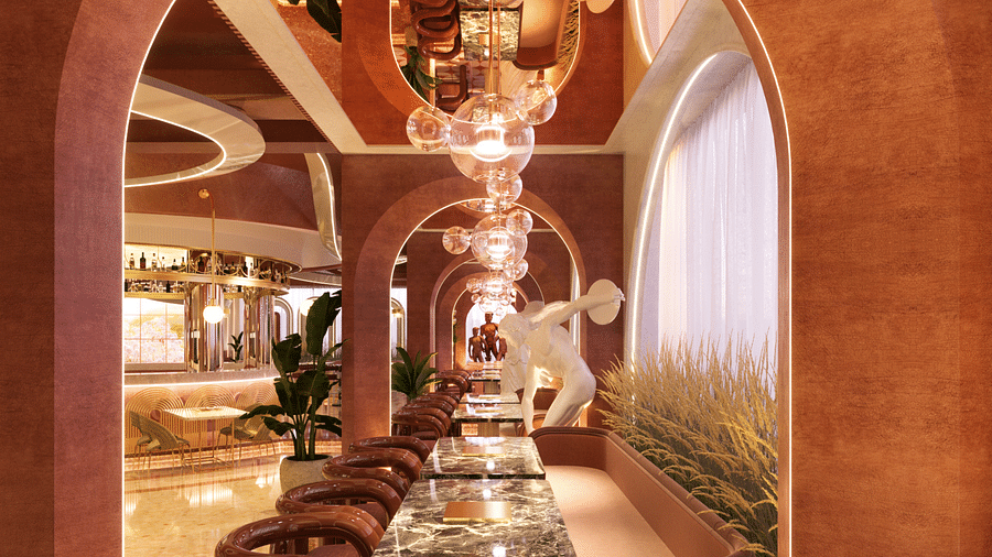 An image of a restaurant featuring long seating with tables and chairs - Themis Barbecue House Ambala