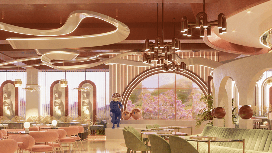 An image of a restaurant with intricate ceiling deisgn and features a seating area with tables and chairs - Themis Barbecue House Ambala