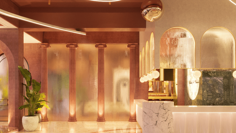 An image of beautifully designed lobby featuring a reception desk - Themis Barbecue House Ambala