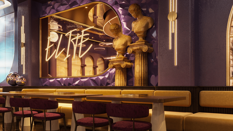 An image of a restaurant featuring table and chairs and a mirror on the wall - Themis Barbecue House Ambala