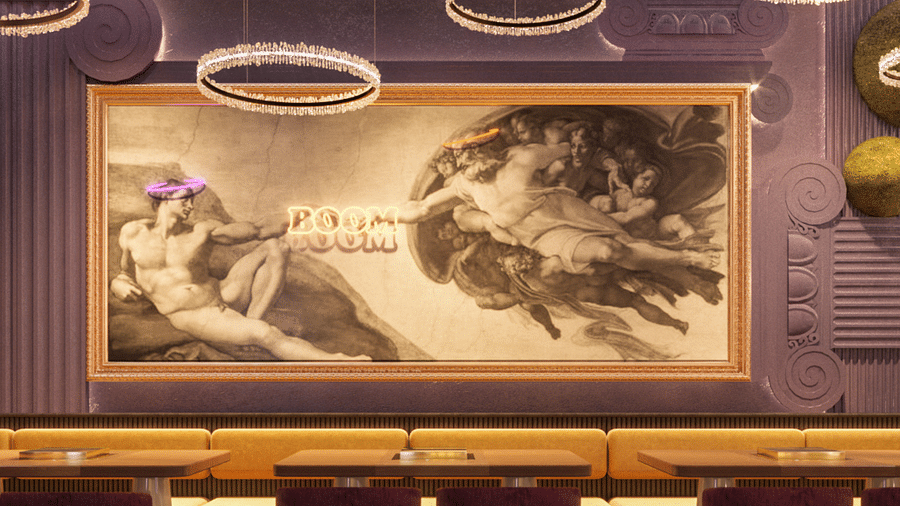 An image of a restaurant featuring a seating area with painting on the wall - Themis Barbecue House Ambala