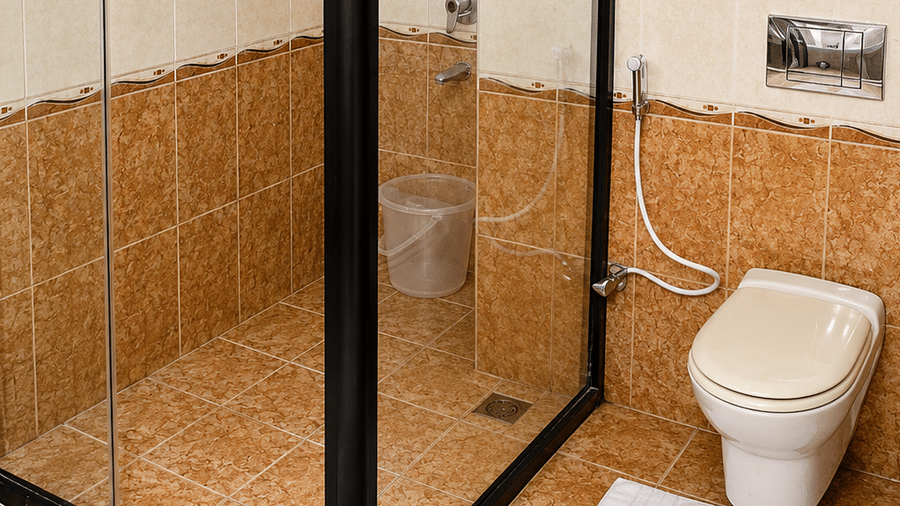 Bathroom with a glass-enclosed shower cubicle and warm orange tiled flooring at Chariot Beach Resorts, offering a modern touch to guests.