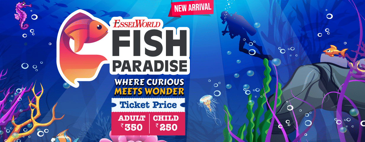 A promotional creative for fish paradise with pricing details and fishes in the backdrop.