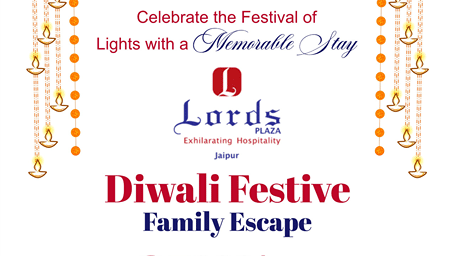 Offer creative for the Diwali Festive Family Escape at Lords Plaza Jaipur featuring stay inclusions, pricing details, decorative diyas, and the hotel building exterior.
