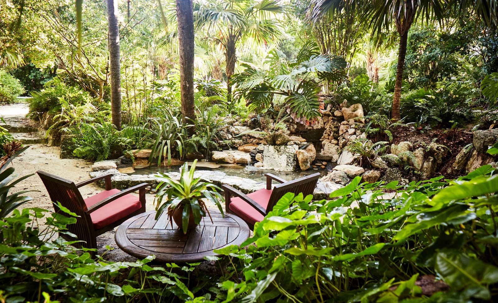 Lush tropical garden and outdoor seating surrounded by greenery at Casa Morada.