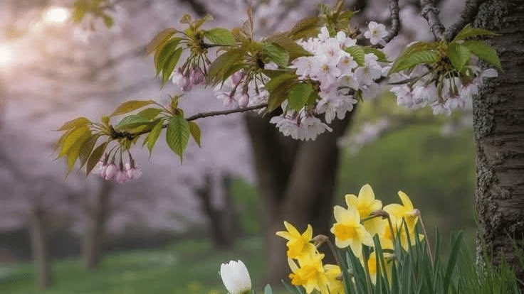 Colourful spring flowers blooming in a garden with soft sunlight and blurred trees in the background.