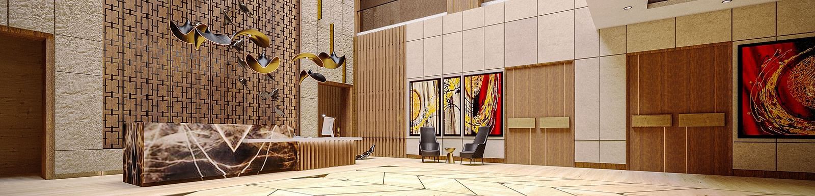 image of the expansive Lobby at Kertel Suites, Kinshasa with a high celing