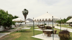 Outdoor seating area at Ram Pratap Palace, Udaipur with canopies, tables, chairs, and greenery, overlooking a lake with a palm tree and hills in the background.