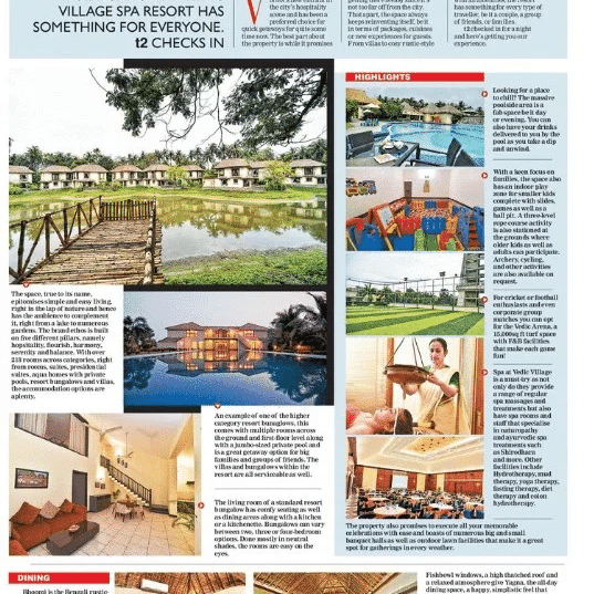A newspaper clipping from The Telegraph highlighting Vedic Village Spa Resort as an ideal destination for a serene and luxurious staycation close to the city.