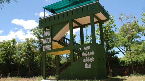 facade view of an Animal Watch Tower with trees in the background - Black Thunder, Coimbatore