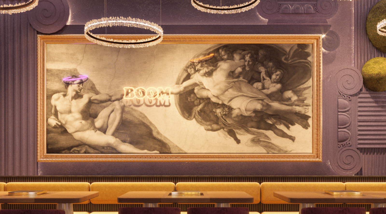 An image of a restaurant featuring a seating area with painting on the wall - Themis Barbecue House Ambala