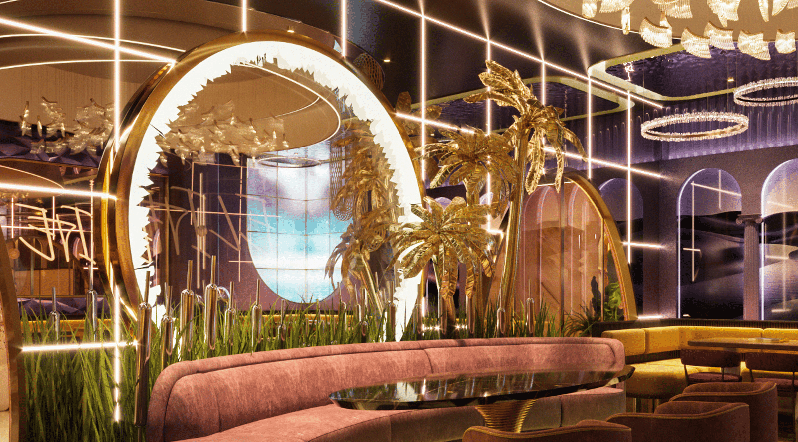 An image of a seating area with round table and sofas - Themis Barbecue House Ambala