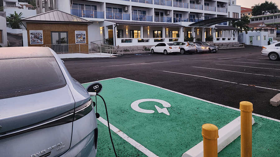 A hotel exterior with an electric car charging station in the parking lot - Hotel 39, Jamaica