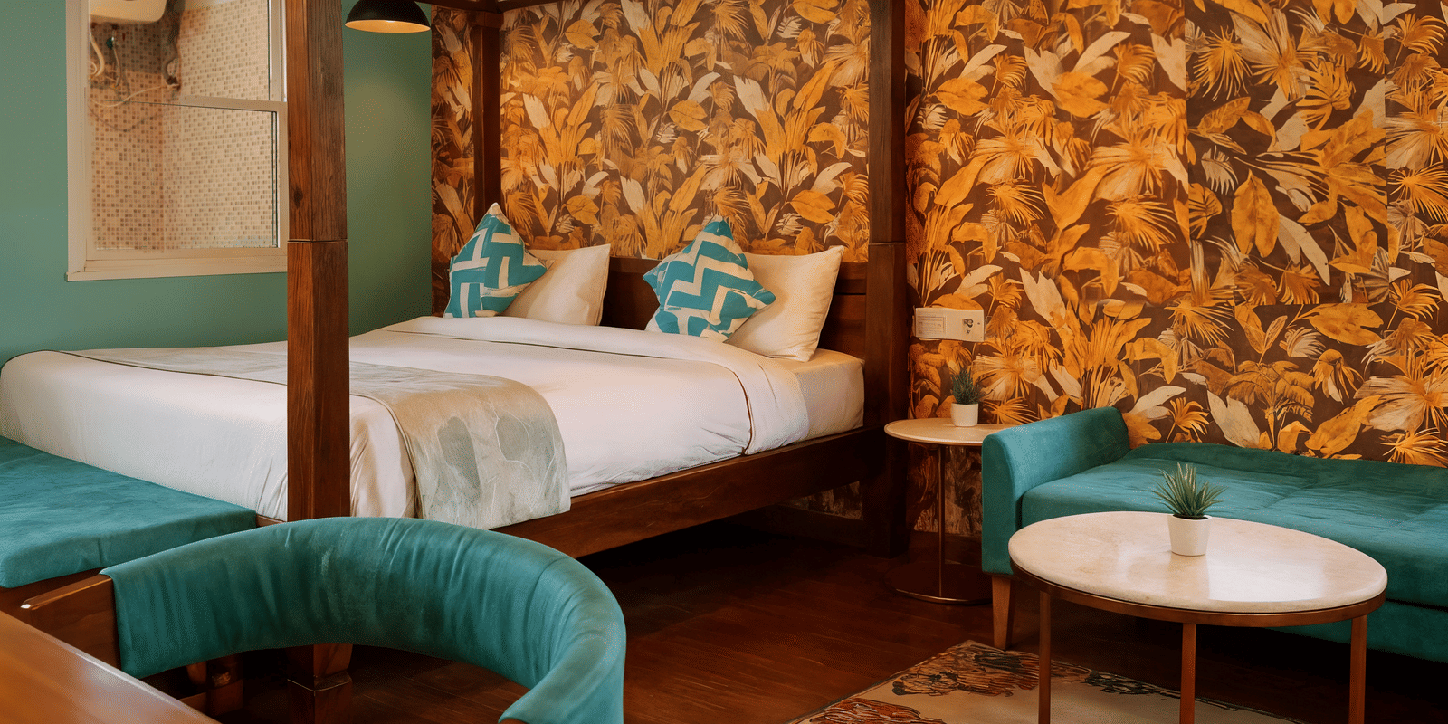 Premium Cottage bed and teal lounge area at Nazaara Nature Retreat, Dalhousie, framed wide for the booking banner.
