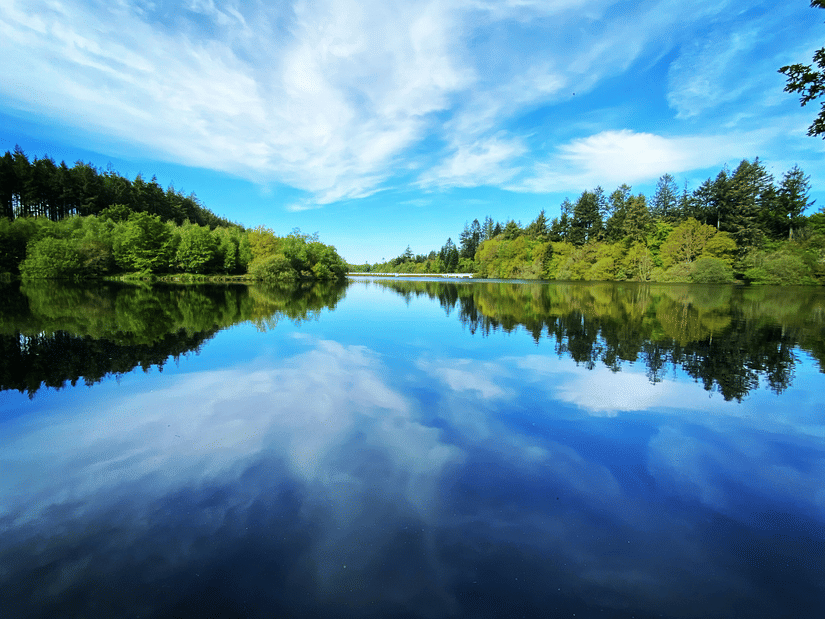 A calm river under a blue sky with white clouds, reflecting the sky and green trees on its banks.