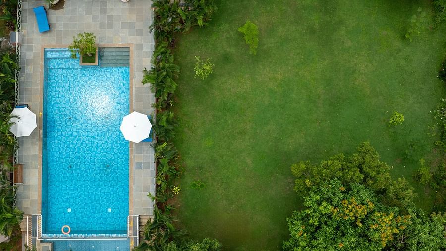 Top view of swimming pool next to a grass field and trees.